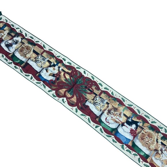 Whimsical Cozy Cats Christmas Tapestry Table Runner Kittens 13x73 Made In USA - Picture 6 of 11